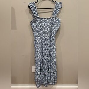 As U Wish Blue and White Chinoiserie Smocked Ruffle Sleeve Tiered Midi Dress